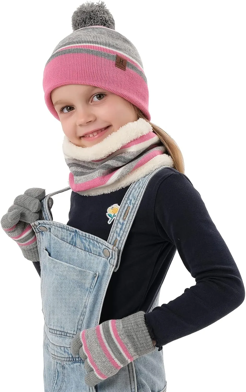 Kids Toddlers Winter Knit Warm Beanie Hat Scarf Gloves Set for Boys Girls Age 2-7, Pompom Cap Neck Warmer Gloves Fleece Lined