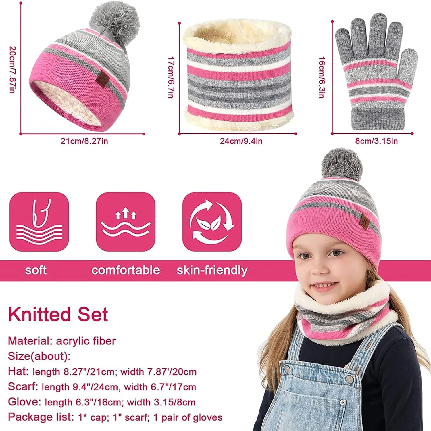 Kids Toddlers Winter Knit Warm Beanie Hat Scarf Gloves Set for Boys Girls Age 2-7, Pompom Cap Neck Warmer Gloves Fleece Lined