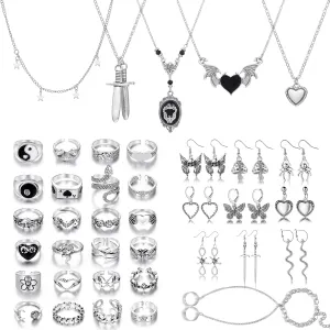 KISS WIFE Metal Punk Goth Horror Jewelry Set for Women, Vintage Silver Necklaces Earrings Knuckle Rings and Chain Bracelet Set, Goth Grunge Y2K Emo Jewelry Sets Party Costume Accessories Gifts