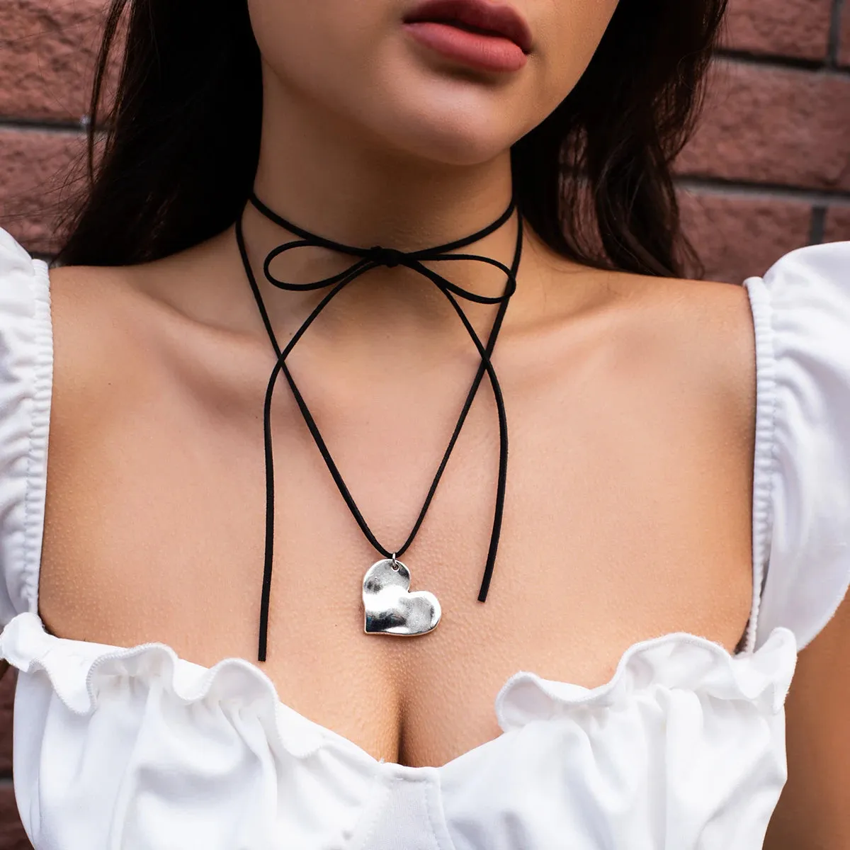 Knotted Bow Puffy Heart Necklace