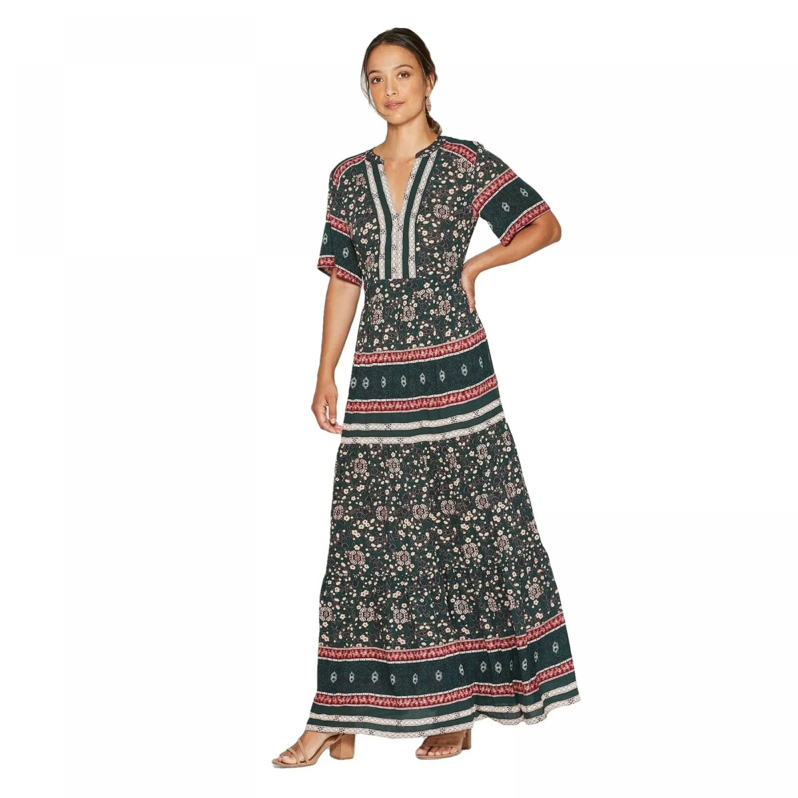 Knox Rose Women's Floral Print Elbow Sleeve V-Neck Maxi Dress
