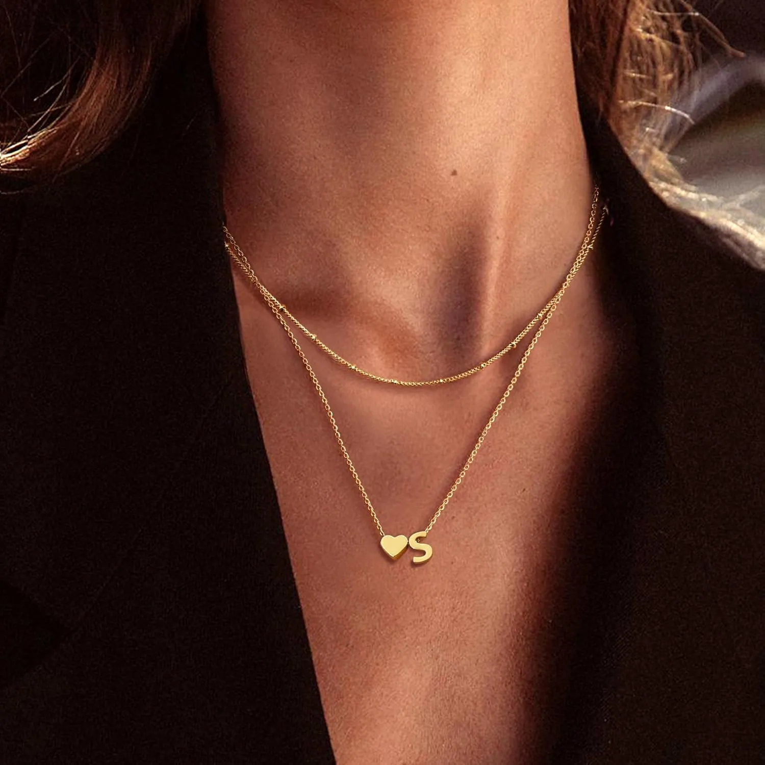 Krfy Gold Layered Initial Heart Necklace - Dainty 14K Gold Plated Tiny Letter Heart Personalized Monogram Name Necklaces for Women Trendy Gold Necklace Jewelry