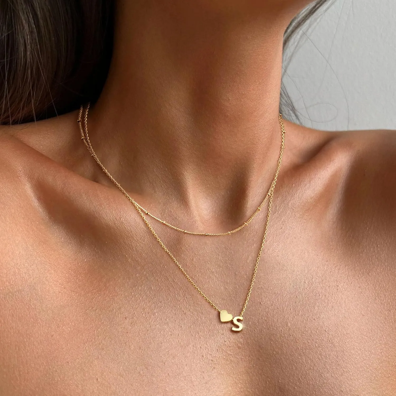 Krfy Gold Layered Initial Heart Necklace - Dainty 14K Gold Plated Tiny Letter Heart Personalized Monogram Name Necklaces for Women Trendy Gold Necklace Jewelry