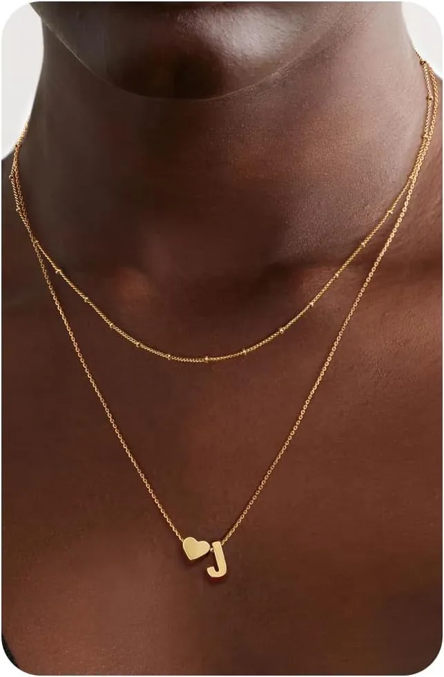 Krfy Gold Layered Initial J Heart Necklace - Dainty 14K Gold Plated Tiny Letter Heart Personalized Monogram Name Necklaces for Women Trendy Gold Necklace Jewelry