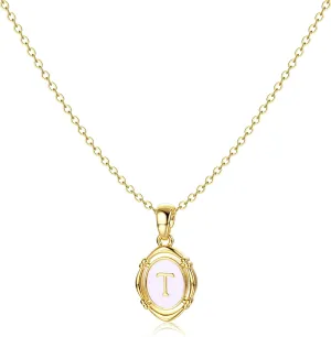 Krfy Initial Necklaces for Women - Dainty Gold Charm Necklaces 14K Gold Plated Oval Letter White Enamel Personalized Name Necklaces for Women Trendy Gold Necklace Jewelry