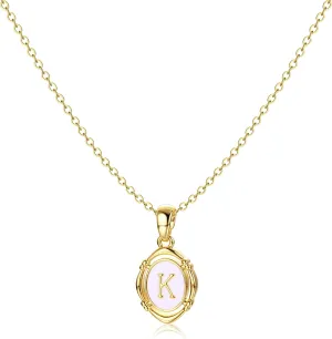 Krfy Initial Necklaces for Women - Dainty Gold Charm Necklaces 14K Gold Plated Oval Letter White Enamel Personalized Name Necklaces for Women Trendy Gold Necklace Jewelry