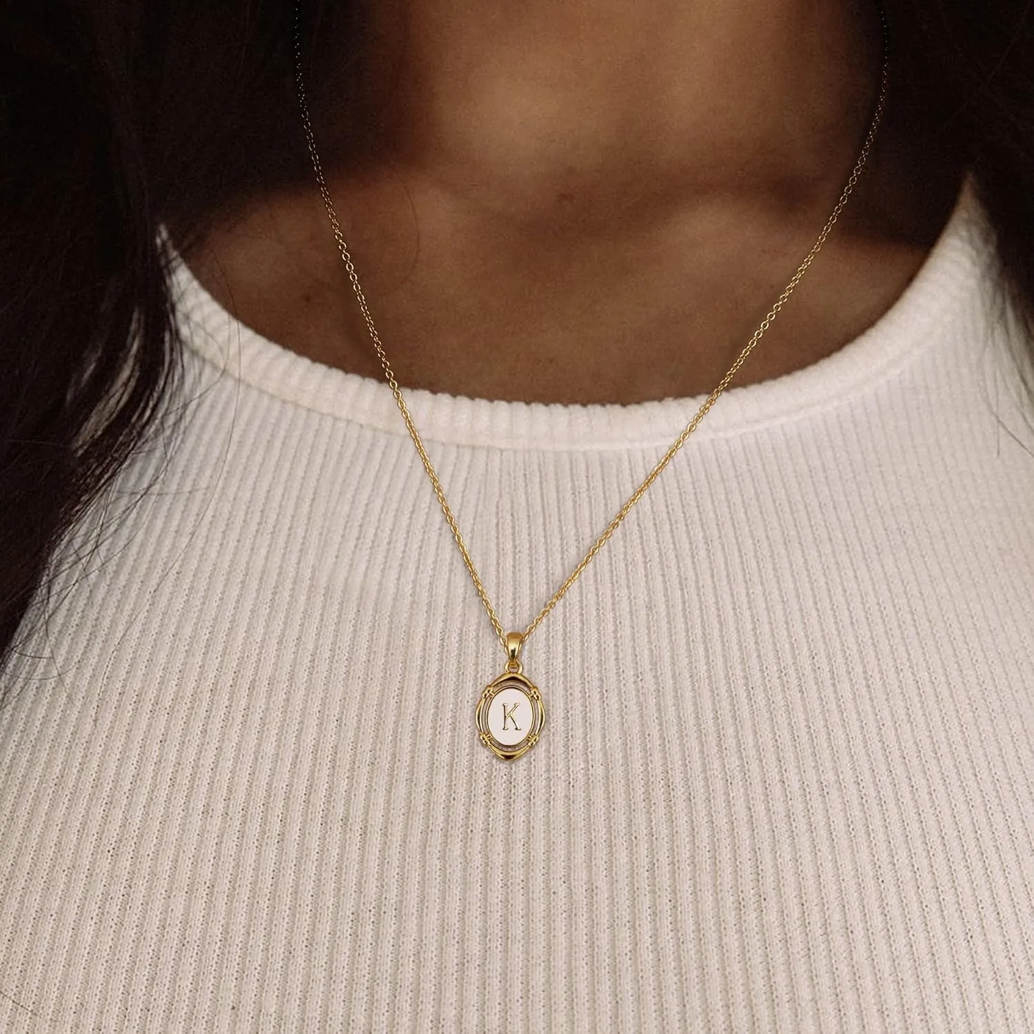 Krfy Initial Necklaces for Women - Dainty Gold Charm Necklaces 14K Gold Plated Oval Letter White Enamel Personalized Name Necklaces for Women Trendy Gold Necklace Jewelry