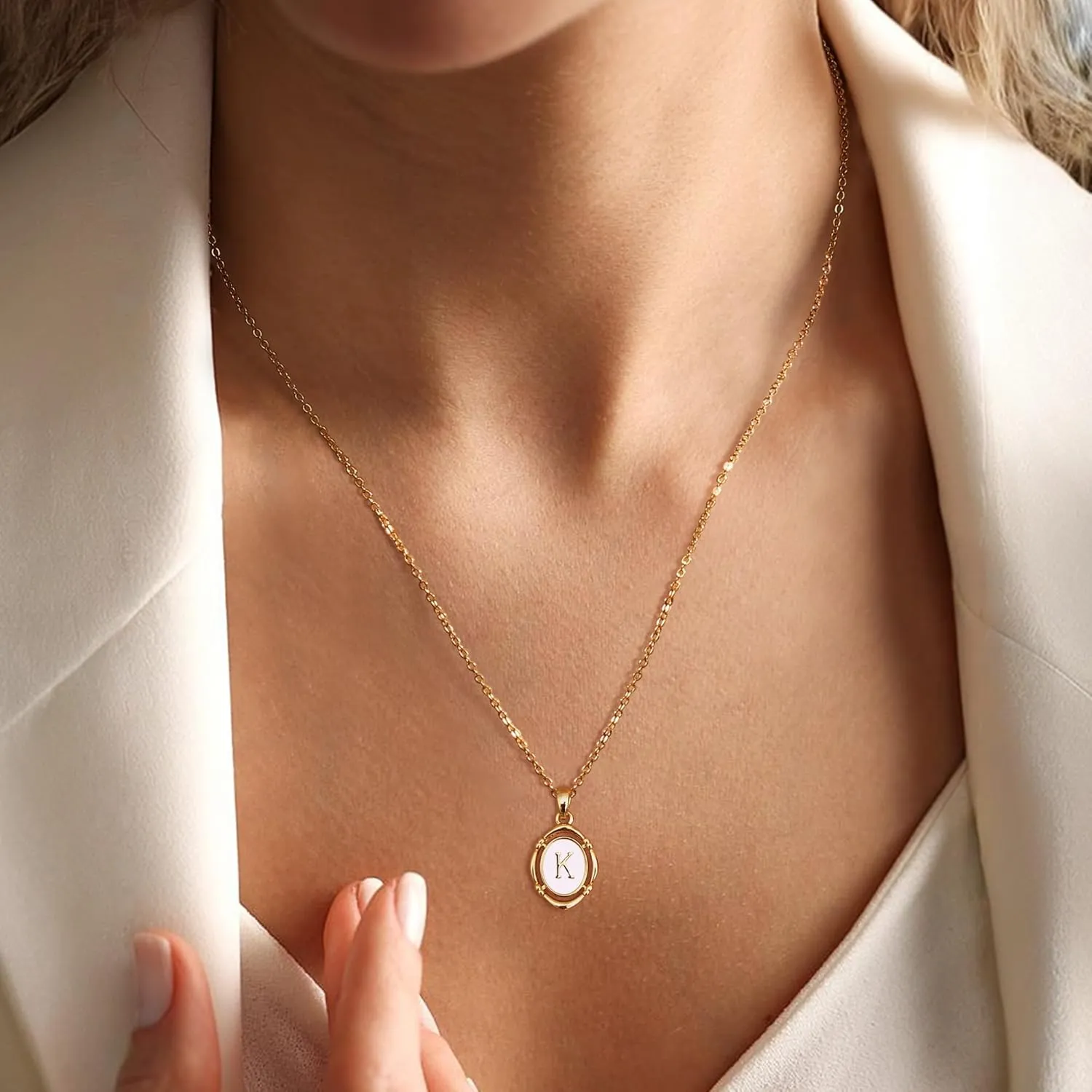 Krfy Initial Necklaces for Women - Dainty Gold Charm Necklaces 14K Gold Plated Oval Letter White Enamel Personalized Name Necklaces for Women Trendy Gold Necklace Jewelry