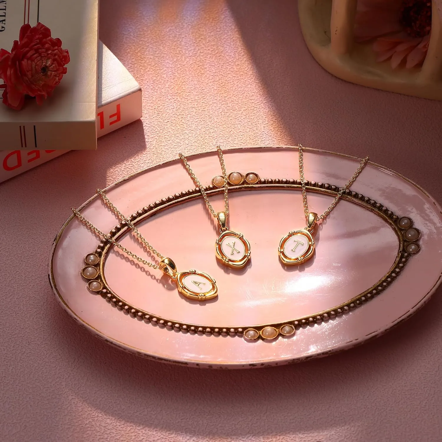 Krfy Initial Necklaces for Women - Dainty Gold Charm Necklaces 14K Gold Plated Oval Letter White Enamel Personalized Name Necklaces for Women Trendy Gold Necklace Jewelry