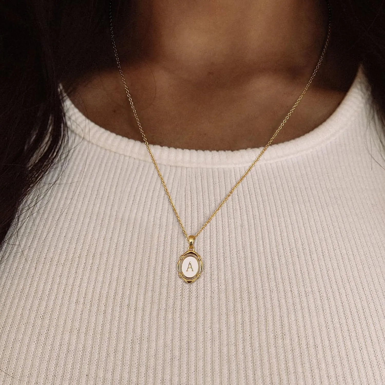 Krfy Initial Necklaces for Women - Dainty Gold Charm Necklaces 14K Gold Plated Oval Letter White Enamel Personalized Name Necklaces for Women Trendy Gold Necklace Jewelry