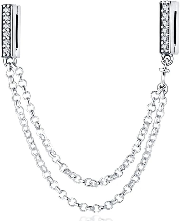 KUNSIR 925 Sterling Silver Clip-On Charm for Reflexions Mesh Bracelet Charm Bead fits Flat charm Bracelets Gift for Women（Double safety chain）