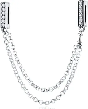 KUNSIR 925 Sterling Silver Clip-On Charm for Reflexions Mesh Bracelet Charm Bead fits Flat charm Bracelets Gift for Women（Double safety chain）
