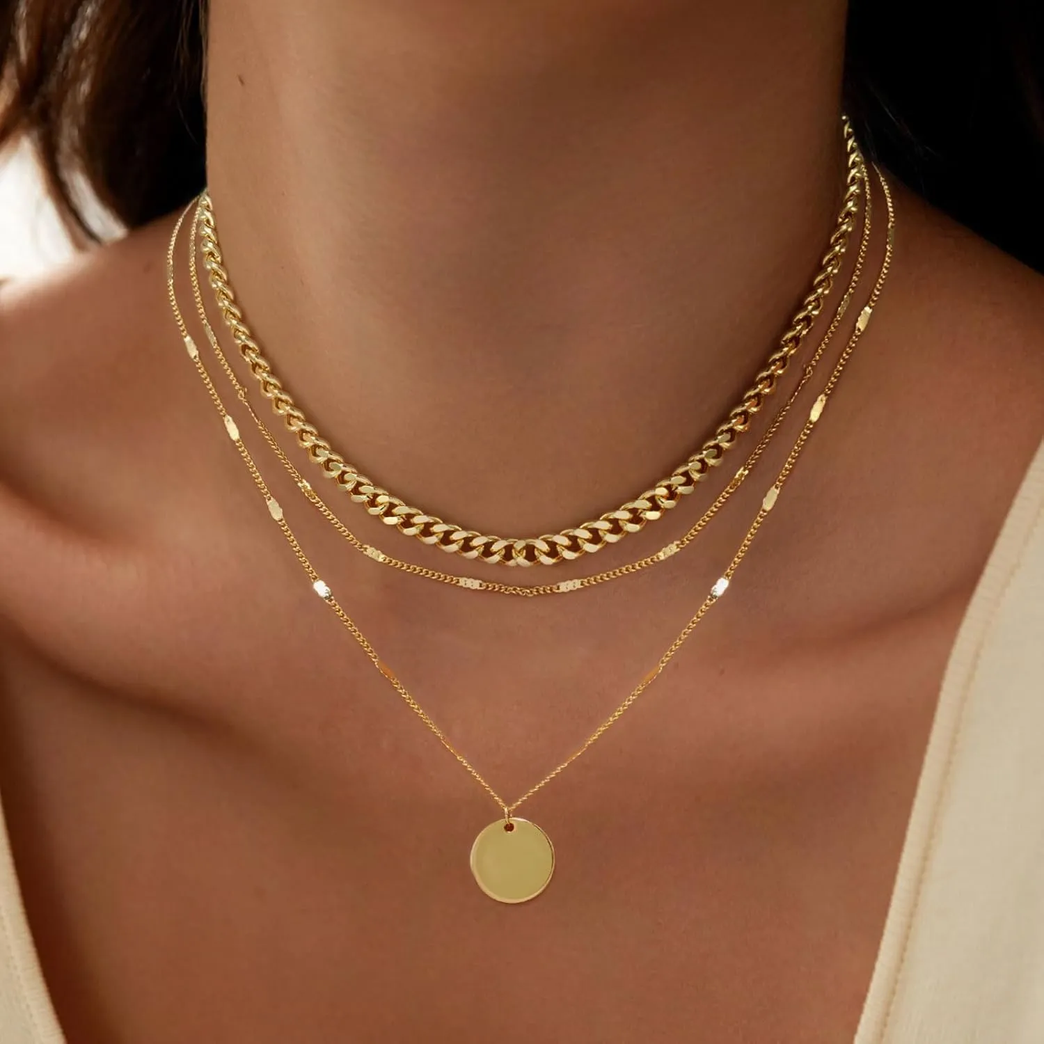 Kyerlyn Layered Necklaces for Women, 14K Gold Plated Necklace Sterling Silver Necklace Stack Circle Pendant Necklace Trendy Long Chain Stackable Silver Necklace Set Dainty Gold Stacked Jewelry Gifts