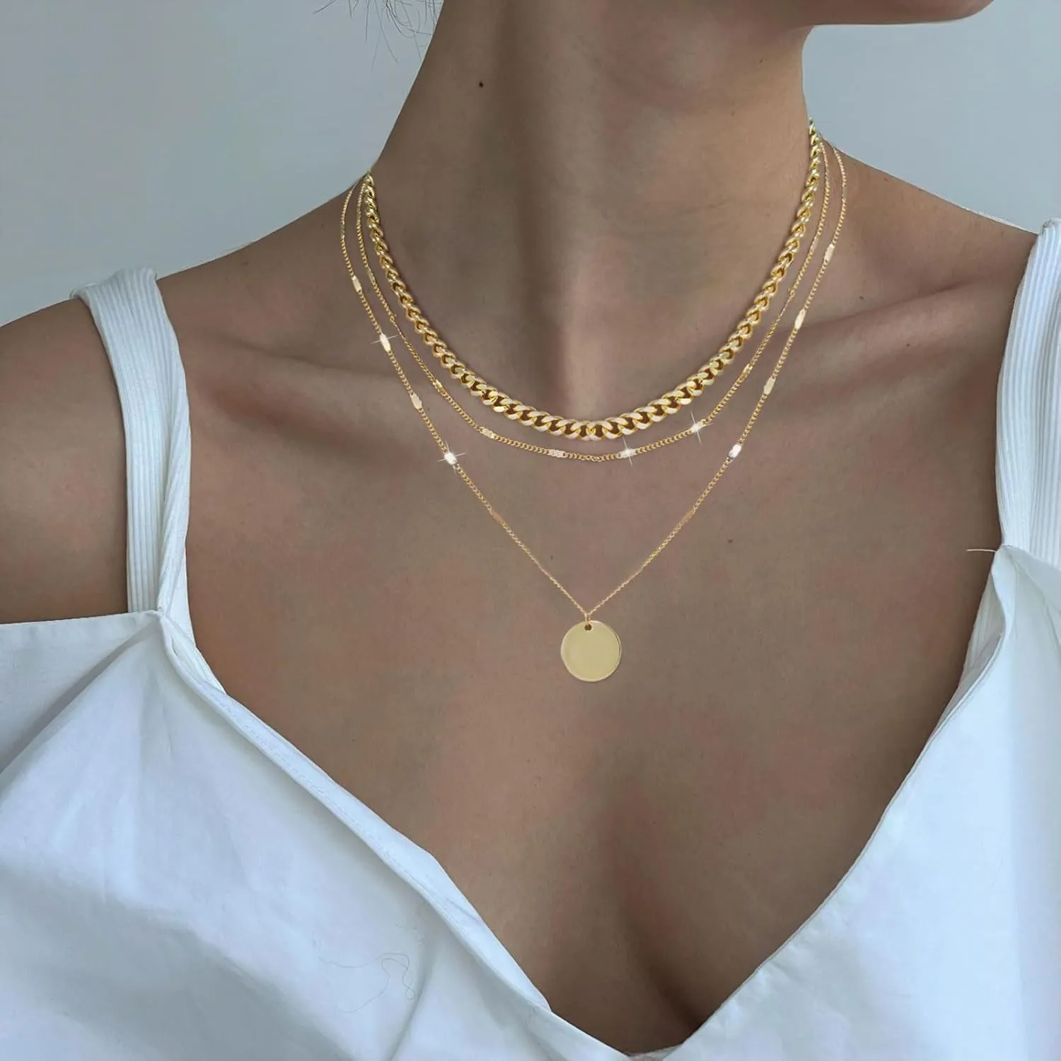 Kyerlyn Layered Necklaces for Women, 14K Gold Plated Necklace Sterling Silver Necklace Stack Circle Pendant Necklace Trendy Long Chain Stackable Silver Necklace Set Dainty Gold Stacked Jewelry Gifts