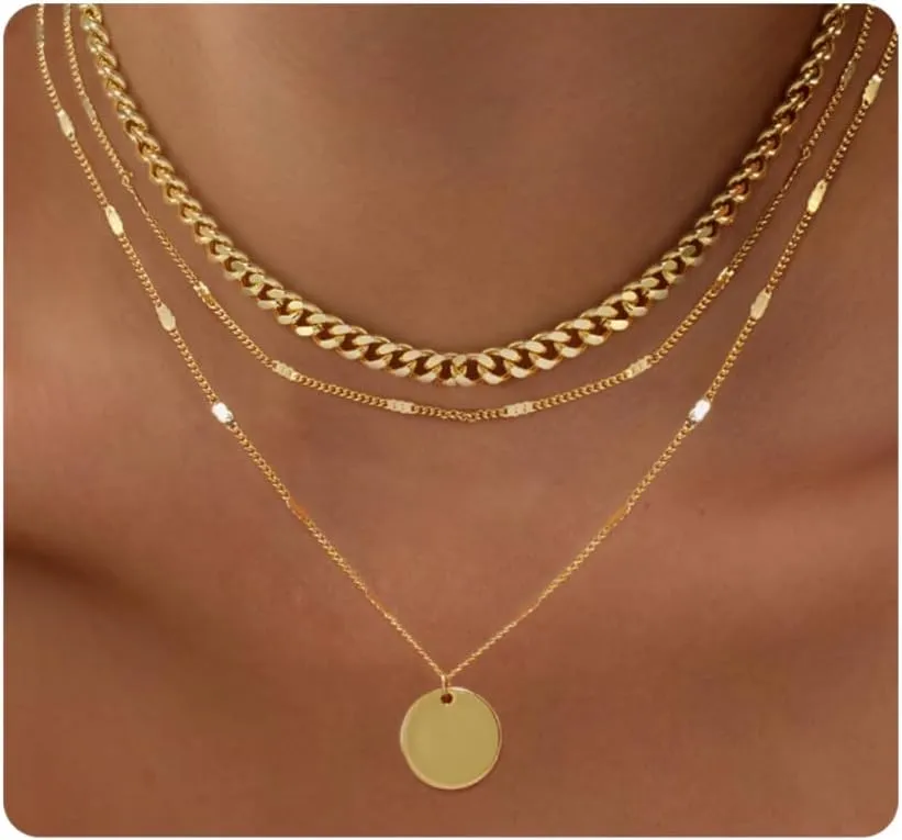 Kyerlyn Layered Necklaces for Women, 14K Gold Plated Necklace Sterling Silver Necklace Stack Circle Pendant Necklace Trendy Long Chain Stackable Silver Necklace Set Dainty Gold Stacked Jewelry Gifts