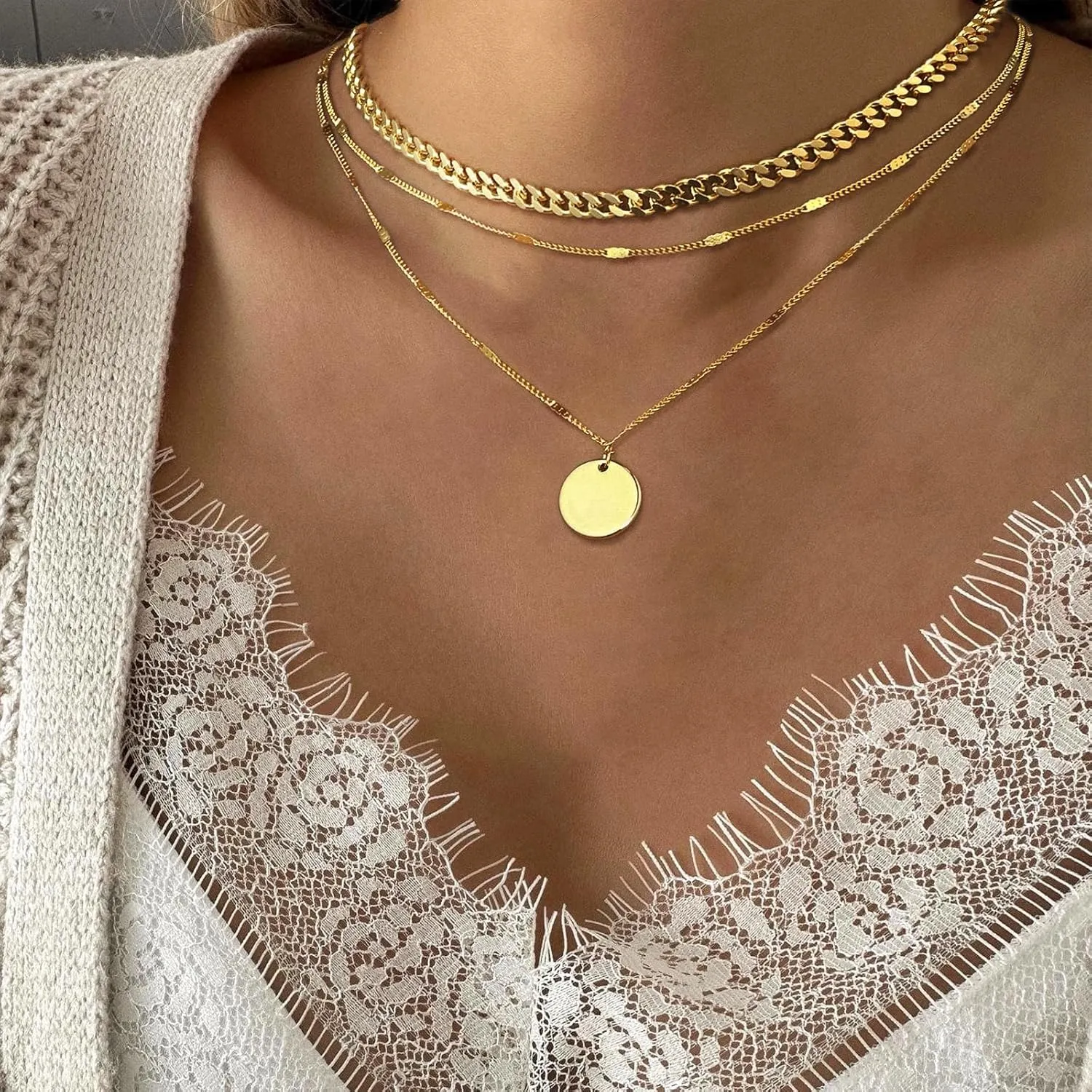 Kyerlyn Layered Necklaces for Women, 14K Gold Plated Necklace Sterling Silver Necklace Stack Circle Pendant Necklace Trendy Long Chain Stackable Silver Necklace Set Dainty Gold Stacked Jewelry Gifts