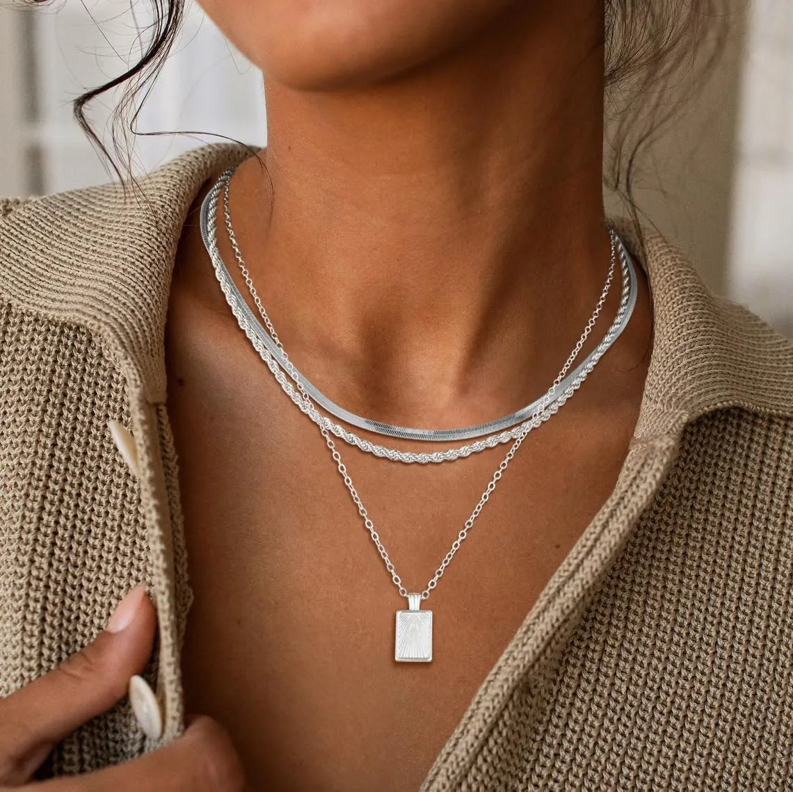 Kyerlyn Silver Necklaces for Women, Sterling Silver Stackable Stack Herringbone Choker Necklaces for Women Trendy Layering Circle Pendant Chain Necklace Set Jewelry for Women