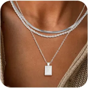 Kyerlyn Silver Necklaces for Women, Sterling Silver Stackable Stack Herringbone Choker Necklaces for Women Trendy Layering Circle Pendant Chain Necklace Set Jewelry for Women