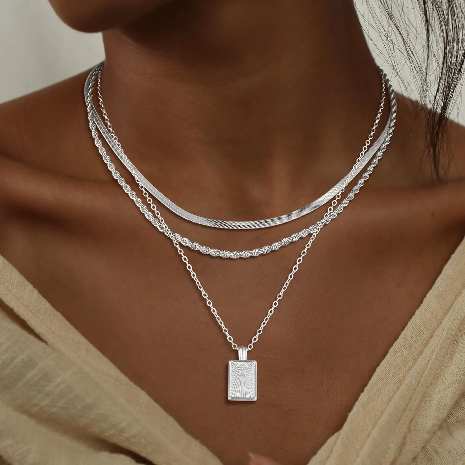Kyerlyn Silver Necklaces for Women, Sterling Silver Stackable Stack Herringbone Choker Necklaces for Women Trendy Layering Circle Pendant Chain Necklace Set Jewelry for Women