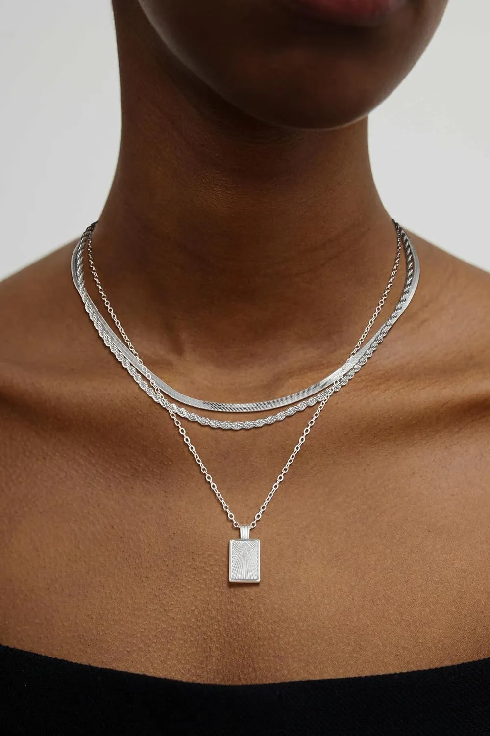 Kyerlyn Silver Necklaces for Women, Sterling Silver Stackable Stack Herringbone Choker Necklaces for Women Trendy Layering Circle Pendant Chain Necklace Set Jewelry for Women