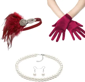 Lady Fascinators Headband Elegant Pearls Necklace Earrings Gloves Set 1920s Versatile Headwear