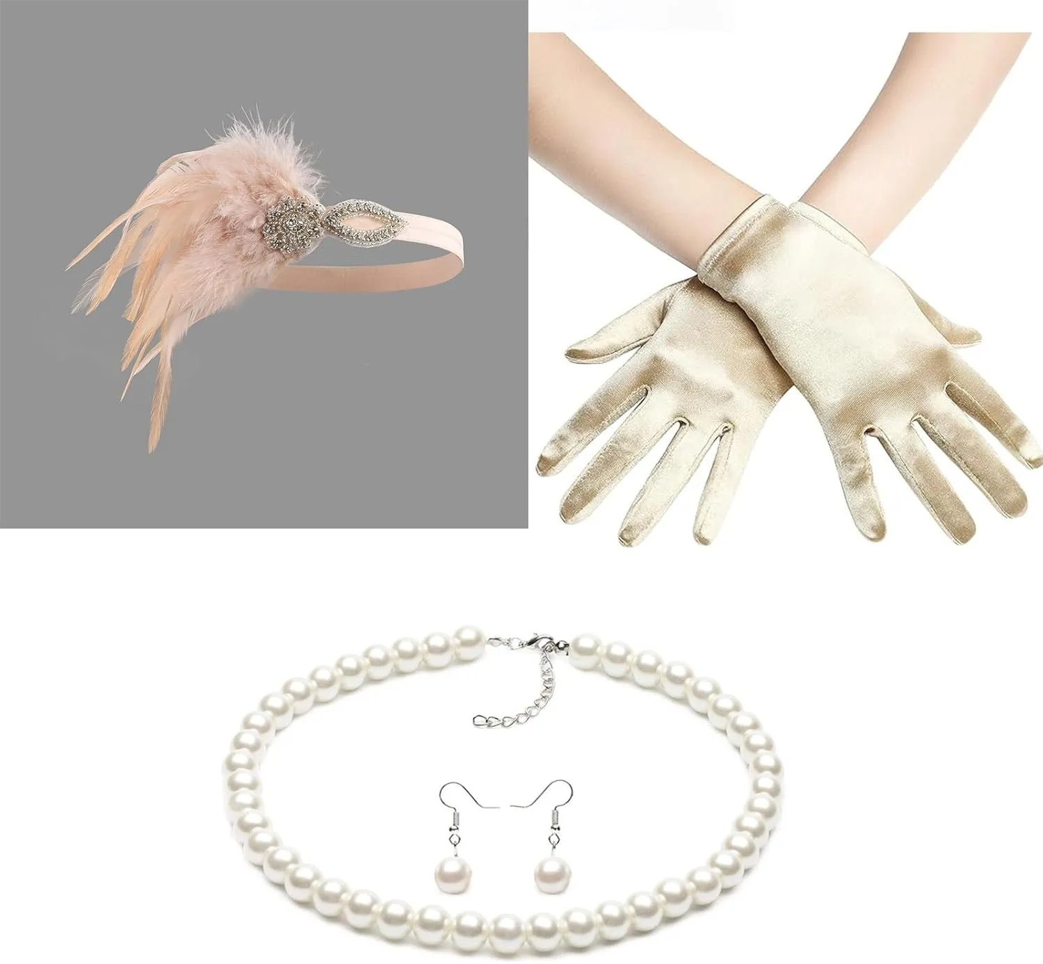Lady Fascinators Headband Elegant Pearls Necklace Earrings Gloves Set 1920s Versatile Headwear