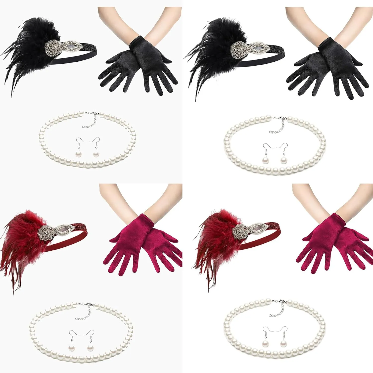 Lady Fascinators Headband Elegant Pearls Necklace Earrings Gloves Set 1920s Versatile Headwear