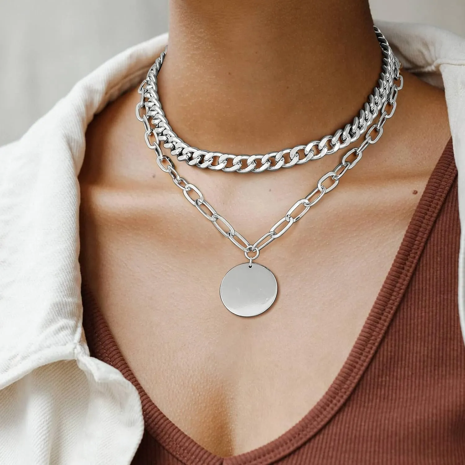 LANE WOODS Gold Layered Necklaces for Women Girls Dainty Layering Coin Lock Eye Snake Pendant Jewelry Gifts