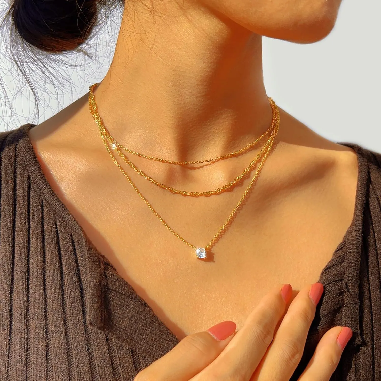 Lariat Gold Necklace for Women, Dainty 14k Long Gold Necklace Set Simple Layered Gold Plated Pendant Beaded Drop Chain Jewelry Y Stacked Necklaces for Women