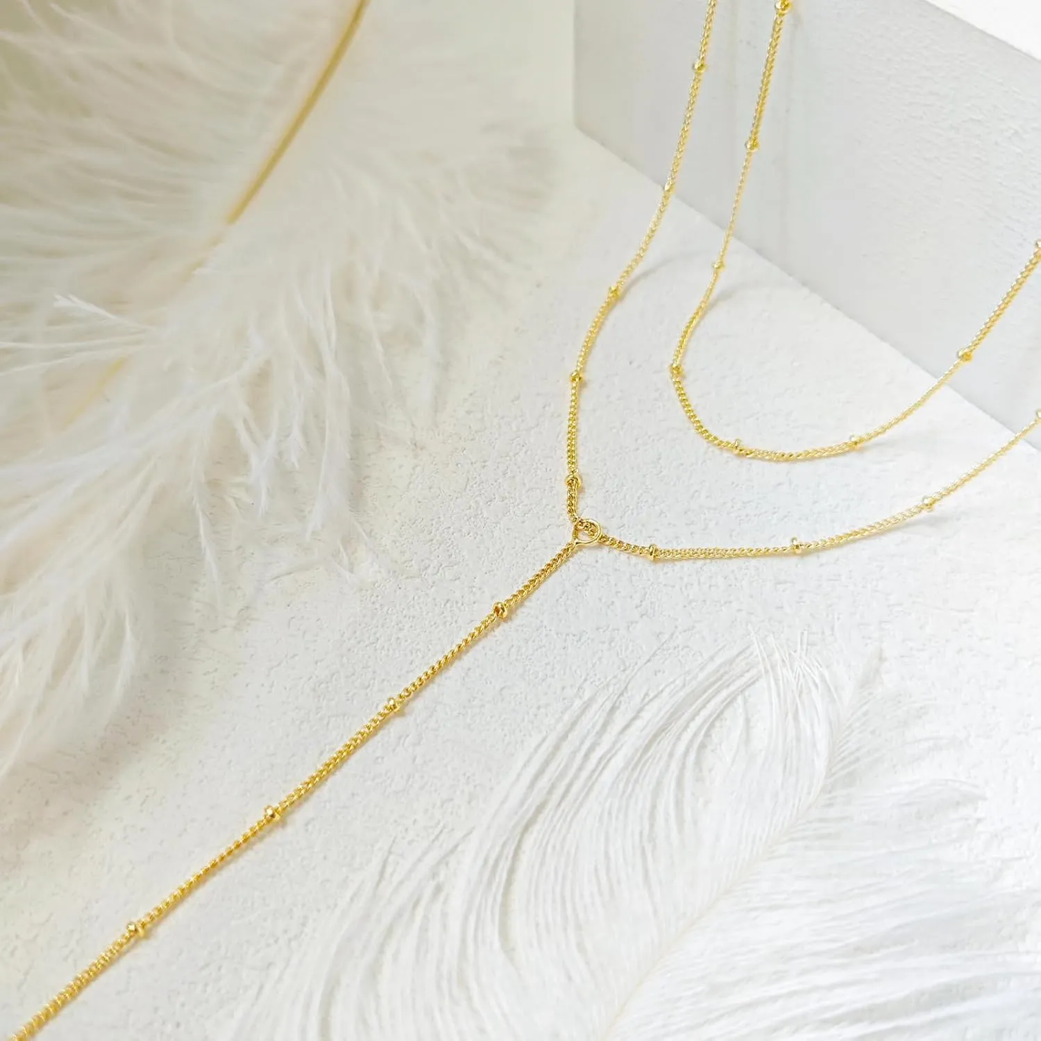 Lariat Gold Necklace for Women, Dainty Long Necklace 14k Gold Plated/Silver Y-Shaped Layered Beaded Chain Drop Necklaces for Women Trendy Simple Gold Jewelry for Women Gifts