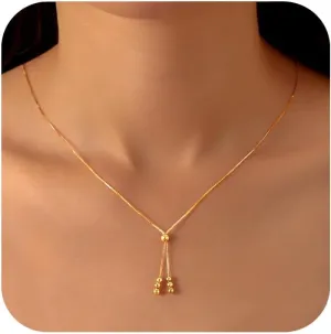 Lariat Gold Necklace for Women S925 Sterling Silver Dainty Layered Bead Necklaces 14k Gold Plated/Silver Adjustable Y-Shaped Tassel Round Beaded Pendant Long Chain Necklace for Mom Birthday Graduation Gifts