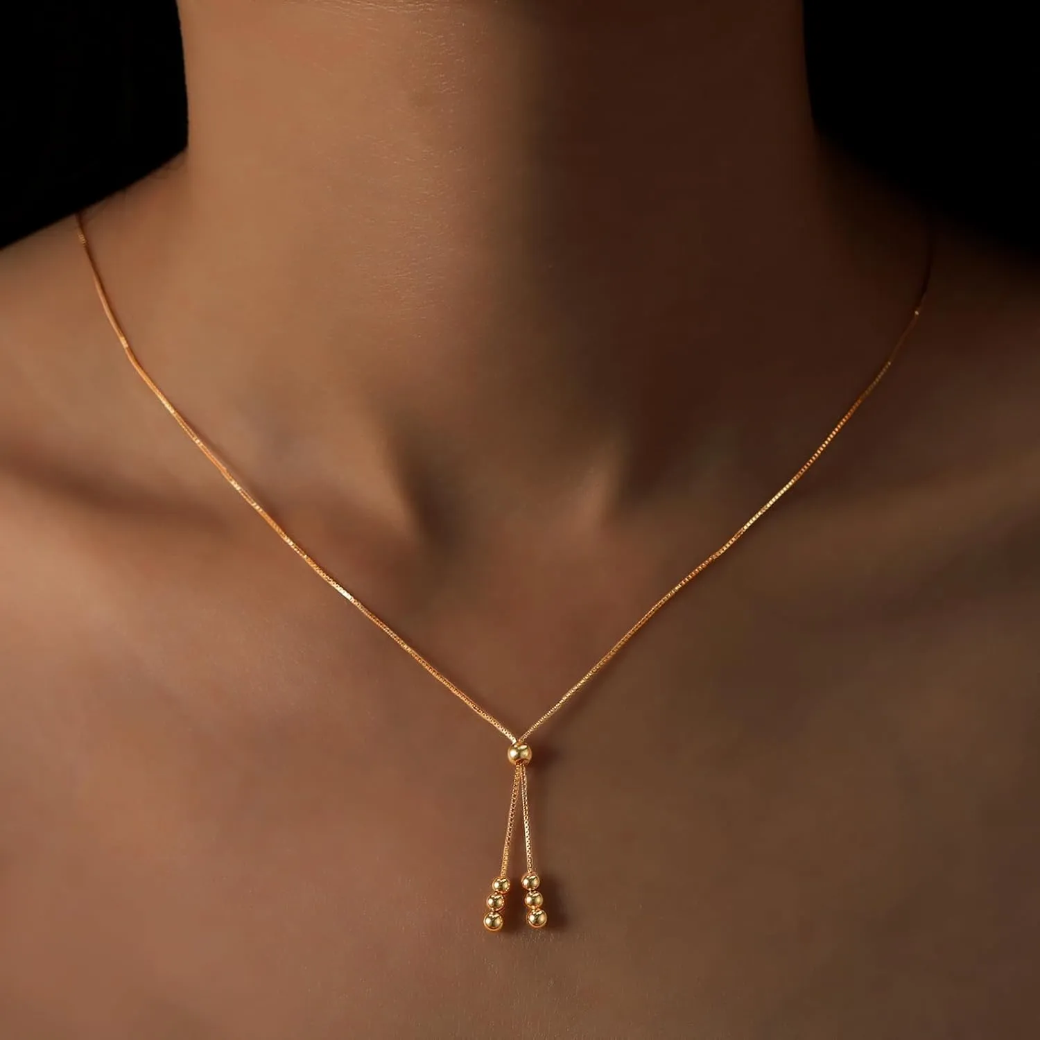 Lariat Gold Necklace for Women S925 Sterling Silver Dainty Layered Bead Necklaces 14k Gold Plated/Silver Adjustable Y-Shaped Tassel Round Beaded Pendant Long Chain Necklace for Mom Birthday Graduation Gifts