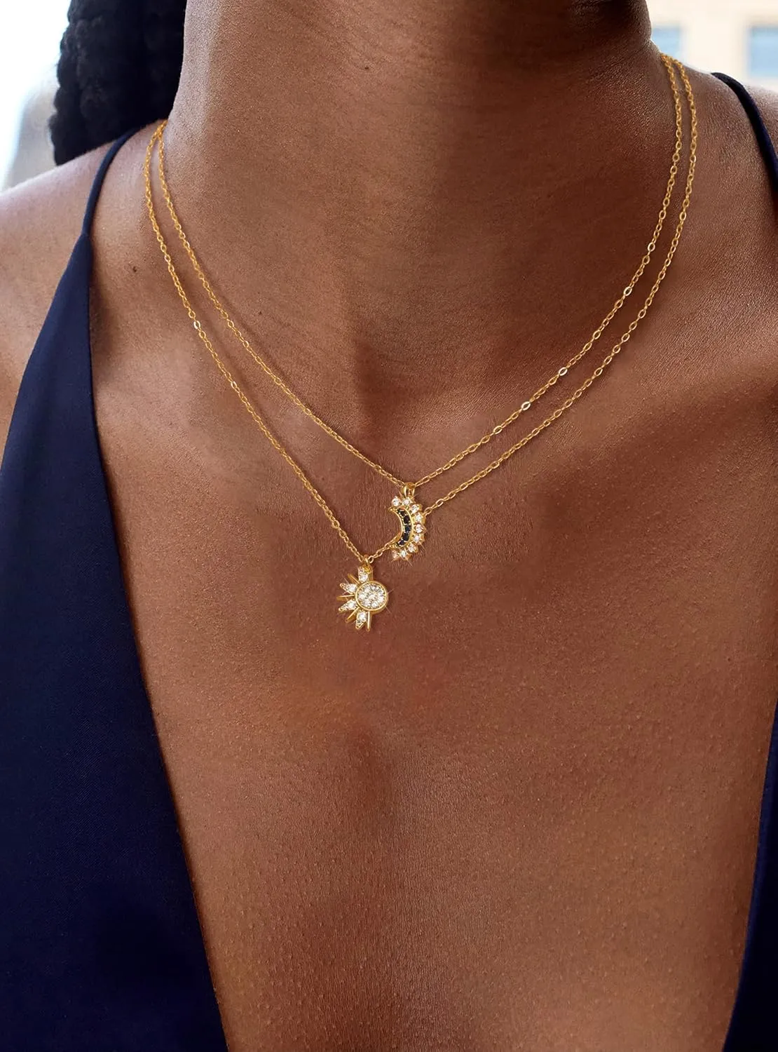 Lariat Gold Necklaces for Women - Dainty Gold Necklace Trendy 14K Gold Plated Hypoallergenic Layered Long Y-Shape Sunburst CZ T-Bar Pendant Drop Chain Necklace Set for Women Non Tarinsh Jewelry Gift