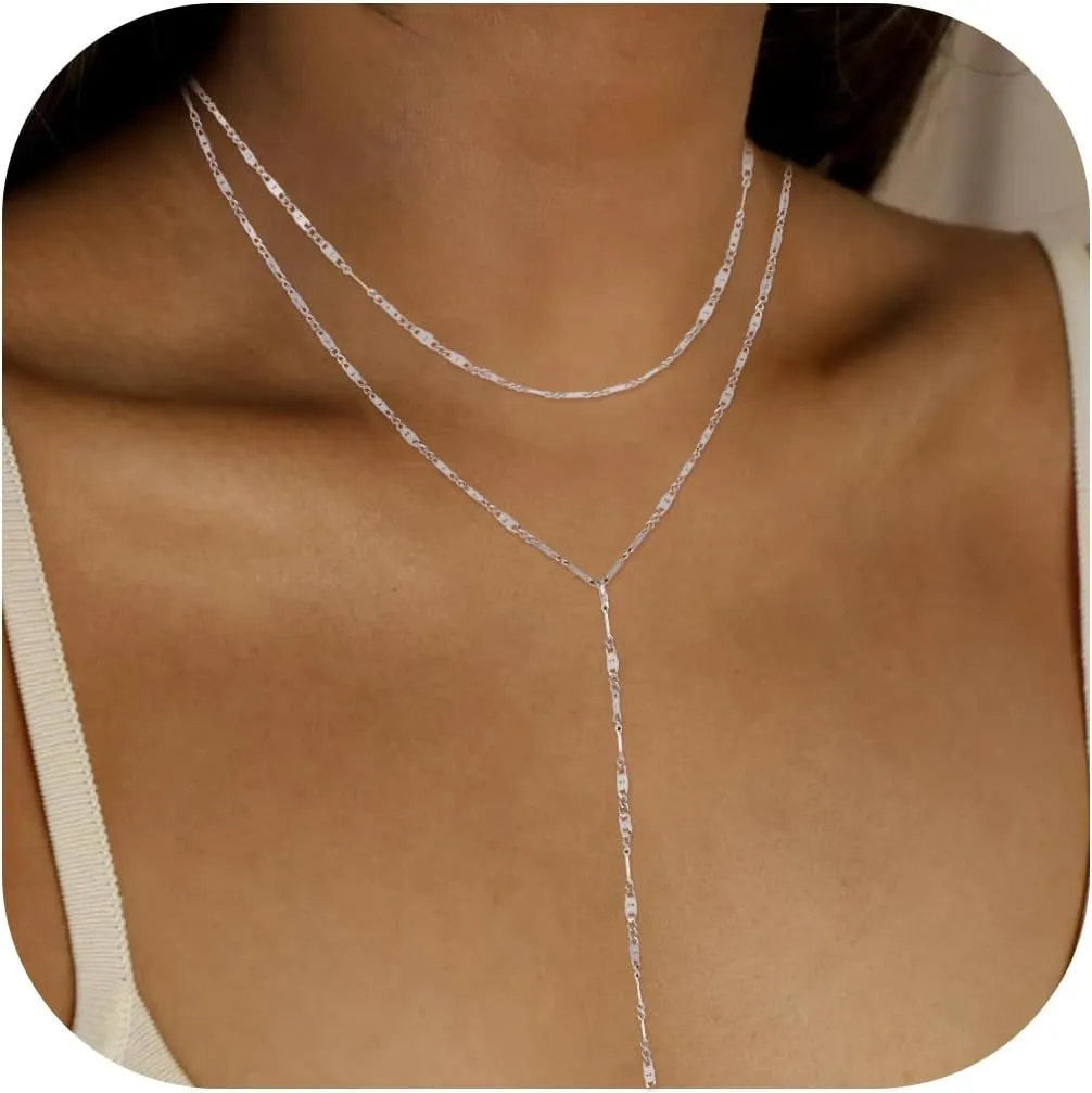 Lariat Silver Necklace for Women, Dainty Long Necklace Silver Y-Shaped Layered Beaded Chain Drop Necklaces for Women Trendy Simple Silver Jewelry for Women Gifts