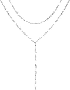 Lariat Silver Necklace for Women, Dainty Long Necklace Silver Y-Shaped Layered Beaded Chain Drop Necklaces for Women Trendy Simple Silver Jewelry for Women Gifts