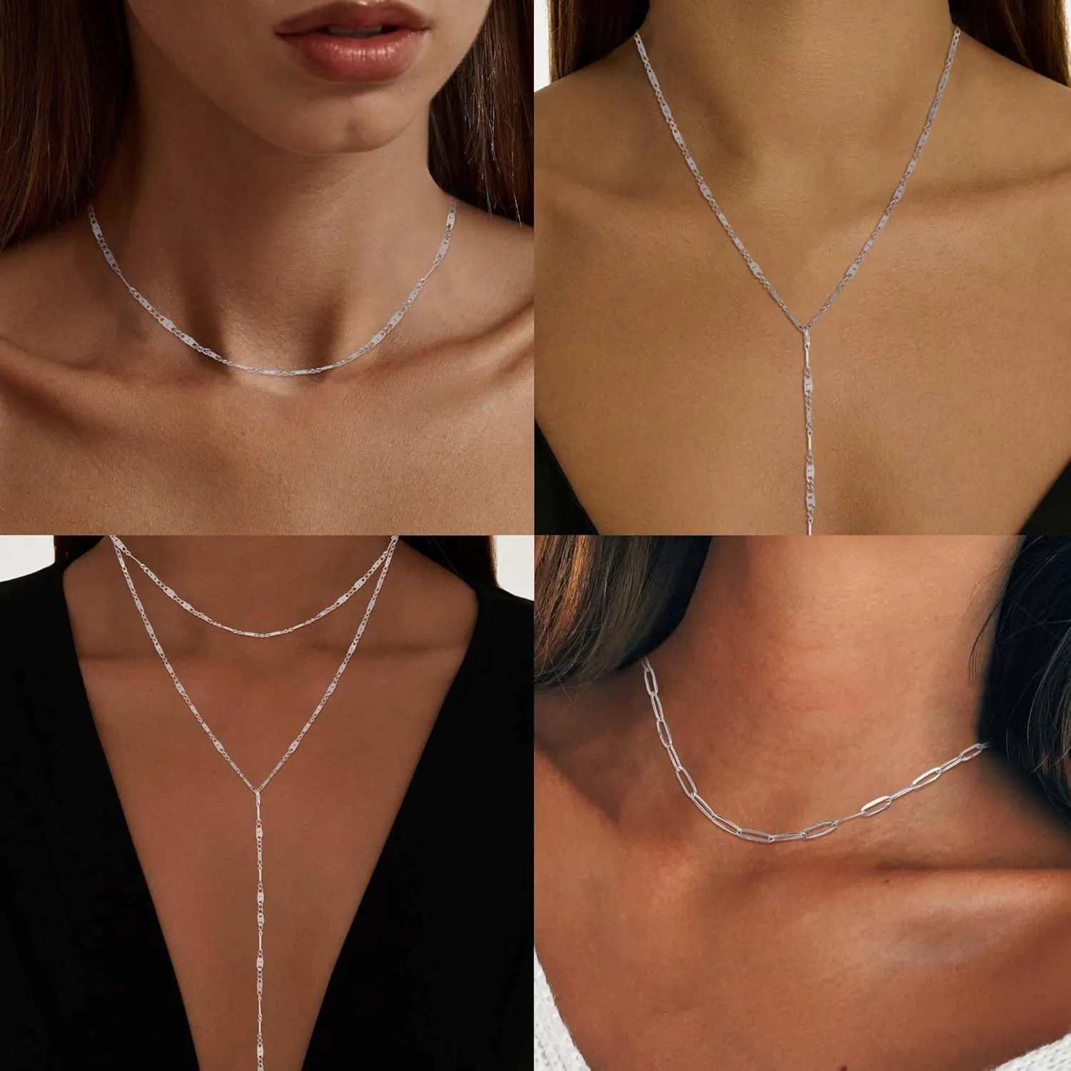 Lariat Silver Necklace for Women, Dainty Long Necklace Silver Y-Shaped Layered Beaded Chain Drop Necklaces for Women Trendy Simple Silver Jewelry for Women Gifts