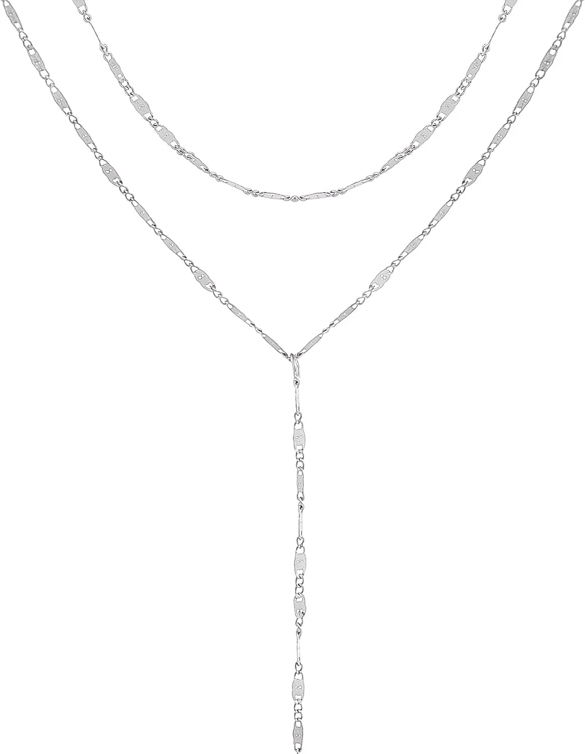 Lariat Silver Necklace for Women, Dainty Long Necklace Silver Y-Shaped Layered Beaded Chain Drop Necklaces for Women Trendy Simple Silver Jewelry for Women Gifts