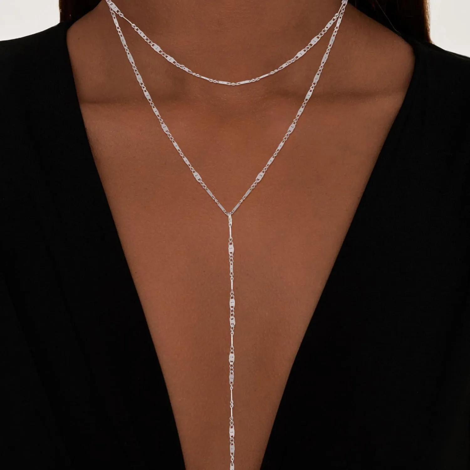 Lariat Silver Necklace for Women, Dainty Long Necklace Silver Y-Shaped Layered Beaded Chain Drop Necklaces for Women Trendy Simple Silver Jewelry for Women Gifts