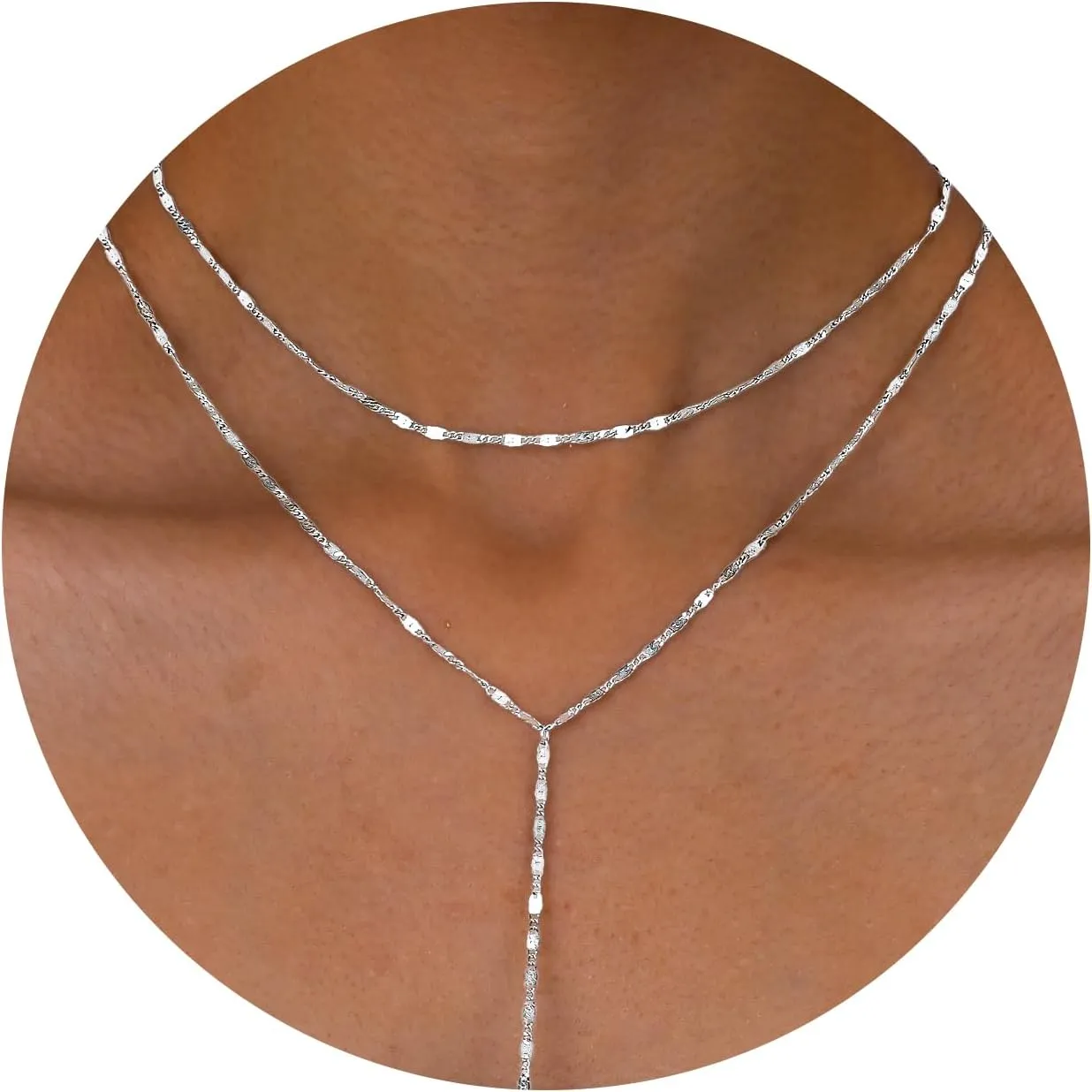 Lariat Silver Necklace for Women, Dainty Long Necklace Silver Y-Shaped Layered Beaded Chain Drop Necklaces for Women Trendy Simple Silver Jewelry for Women Gifts