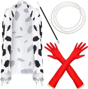Laumoi 4 Pieces Dalmatians Black and White Scarf 1920s Accessories Sets Plastic Holder Pearl Beads Necklace Long Gloves Long Shawl Scarf for Women Halloween Christmas Party