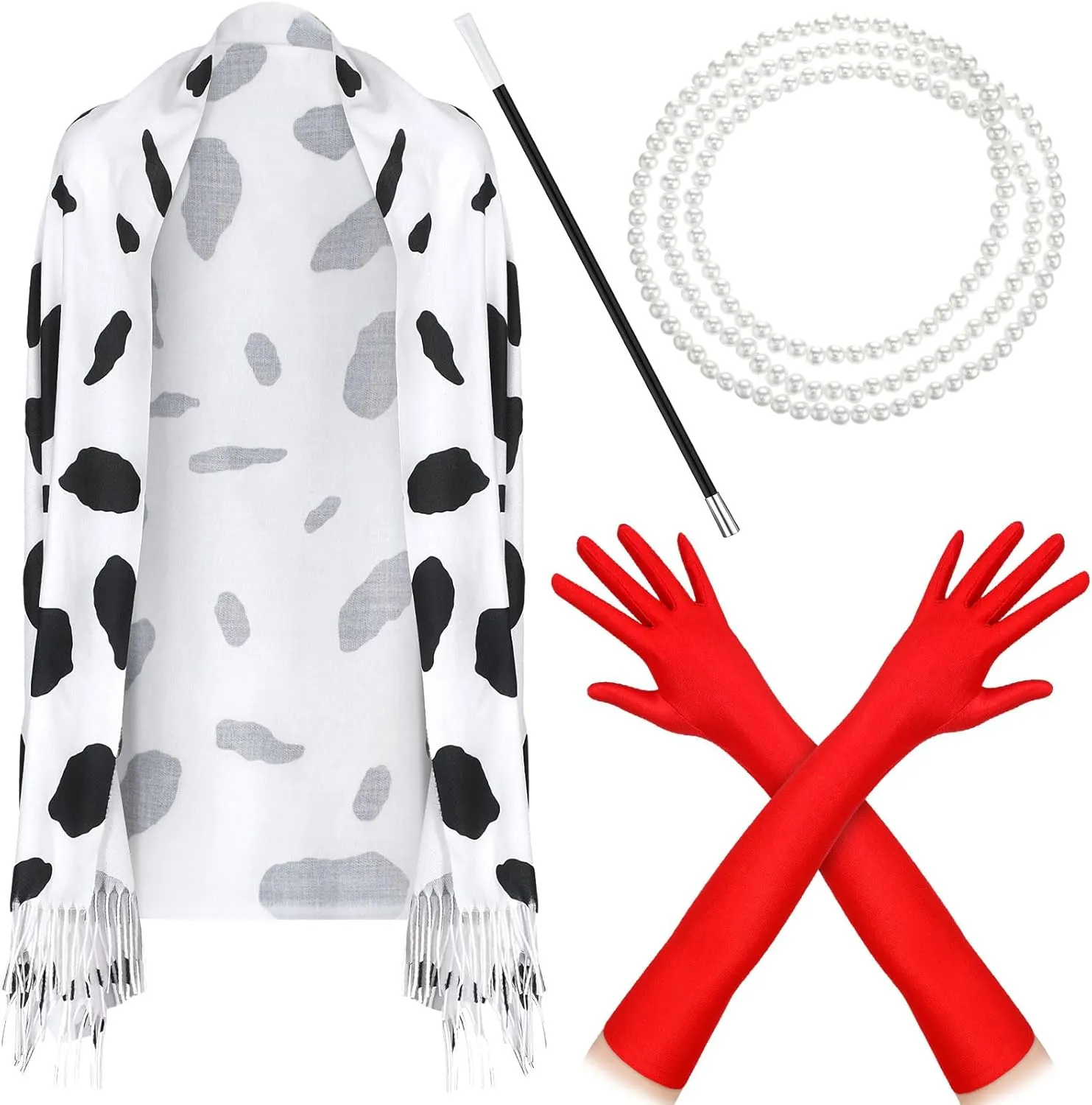 Laumoi 4 Pieces Dalmatians Black and White Scarf 1920s Accessories Sets Plastic Holder Pearl Beads Necklace Long Gloves Long Shawl Scarf for Women Halloween Christmas Party