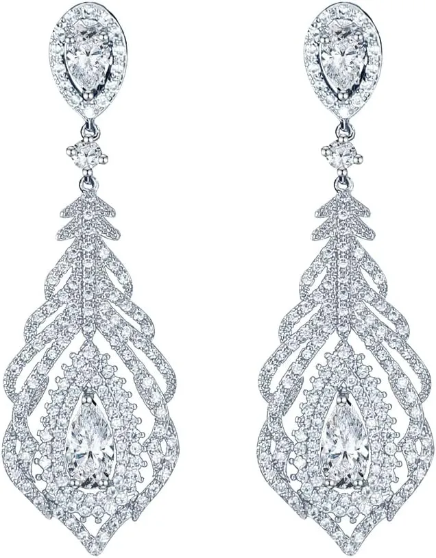 LAVINA Feather Statement Chandelier Teardrop CZ Earrings
