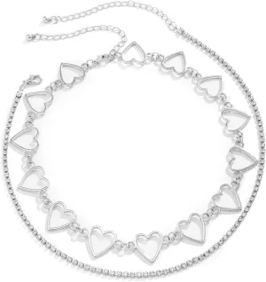 Layer Necklace Set, Bow Necklaces for Women 3 Layer Pendant Necklaces Hollow Heart Design Birthday Jewelry for Teens