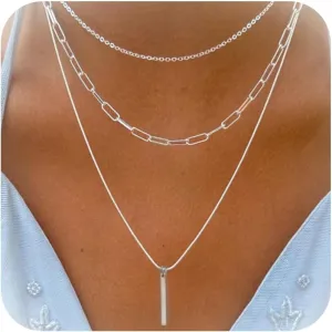 Layered Bar Necklace Link Layerd Chain Necklace for Women Vertical Bar Pendant Necklace Simple Tiny Link Bar Necklaces for Birthday Christmas Jewelry Gifts