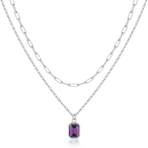 Layered Birthstone Necklace for Women Girls, Gold Silver Rose Gold Plated Layered Paperclip Chain Choker Necklace with Rectangle Birthstone Pendant Birthday Gifts for Women Girls Jewelry