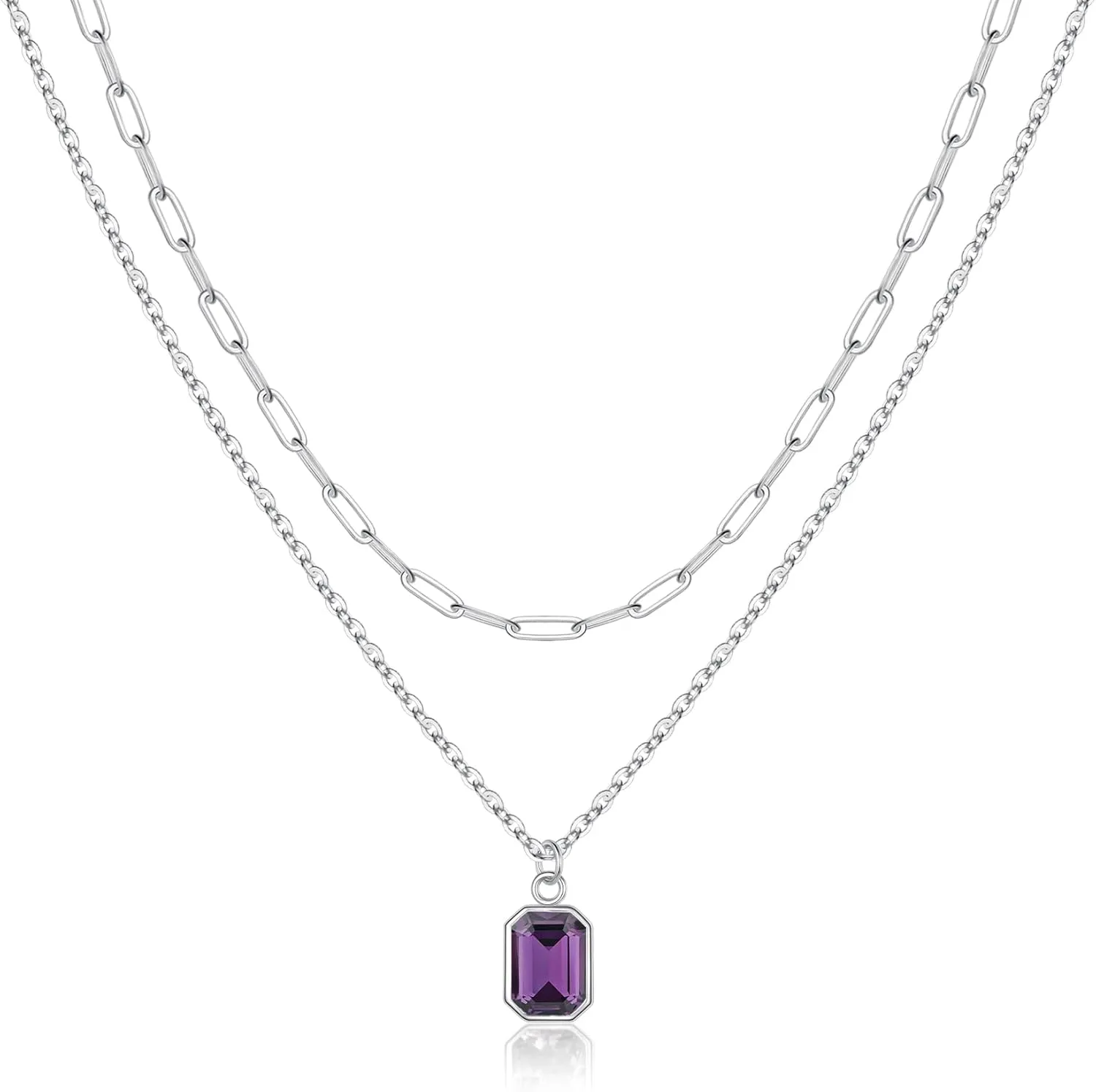 Layered Birthstone Necklace for Women Girls, Gold Silver Rose Gold Plated Layered Paperclip Chain Choker Necklace with Rectangle Birthstone Pendant Birthday Gifts for Women Girls Jewelry