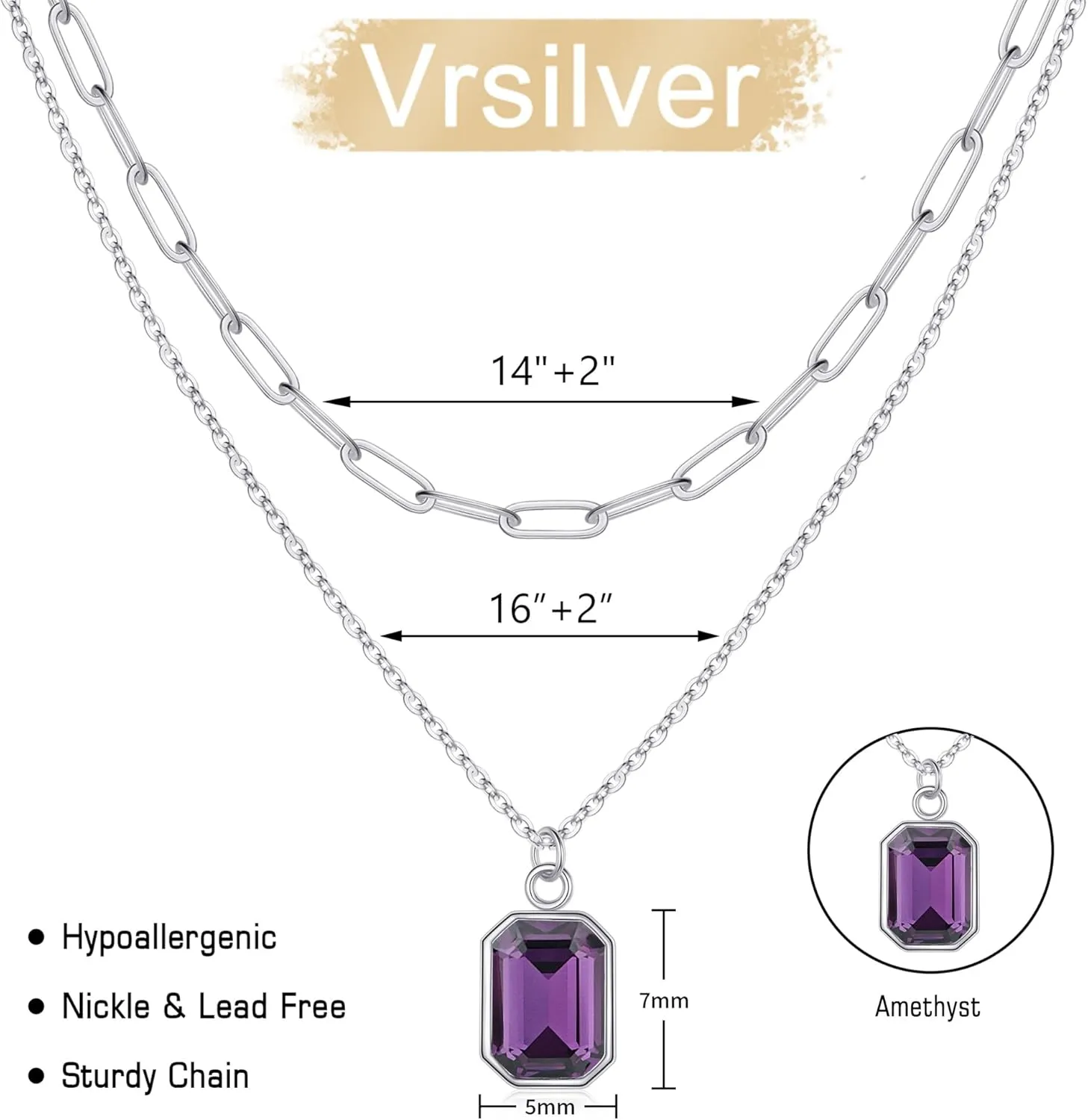 Layered Birthstone Necklace for Women Girls, Gold Silver Rose Gold Plated Layered Paperclip Chain Choker Necklace with Rectangle Birthstone Pendant Birthday Gifts for Women Girls Jewelry