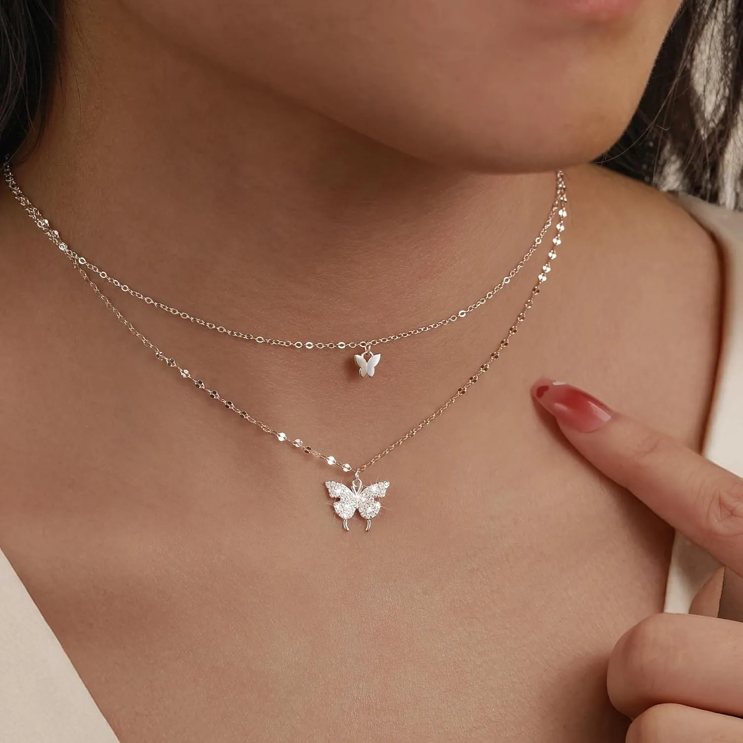 Layered Butterfly Necklace for Women S925 Sterling Silver Bohemian Crystal Double Butterfly Pendant Necklace Gold Rhinestone Butterfly Choker Necklaces Butterfly Chain Necklace Mom Wife Birthday Jewelry Gifts