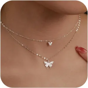 Layered Butterfly Necklace for Women S925 Sterling Silver Bohemian Crystal Double Butterfly Pendant Necklace Gold Rhinestone Butterfly Choker Necklaces Butterfly Chain Necklace Mom Wife Birthday Jewelry Gifts