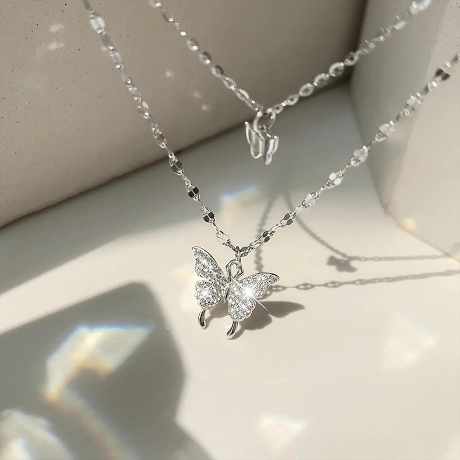 Layered Butterfly Necklace for Women S925 Sterling Silver Bohemian Crystal Double Butterfly Pendant Necklace Gold Rhinestone Butterfly Choker Necklaces Butterfly Chain Necklace Mom Wife Birthday Jewelry Gifts